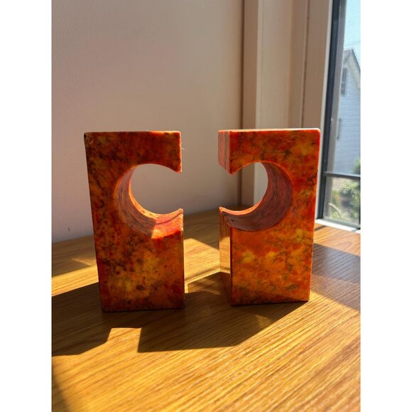 Orange stone marble vintage bookends - chipped - Picture 1 of 7
